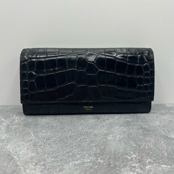 Celine Paris Crocodile Embossed Calfskin Leather Flap Long Wallet Large - Picture 1 of 12